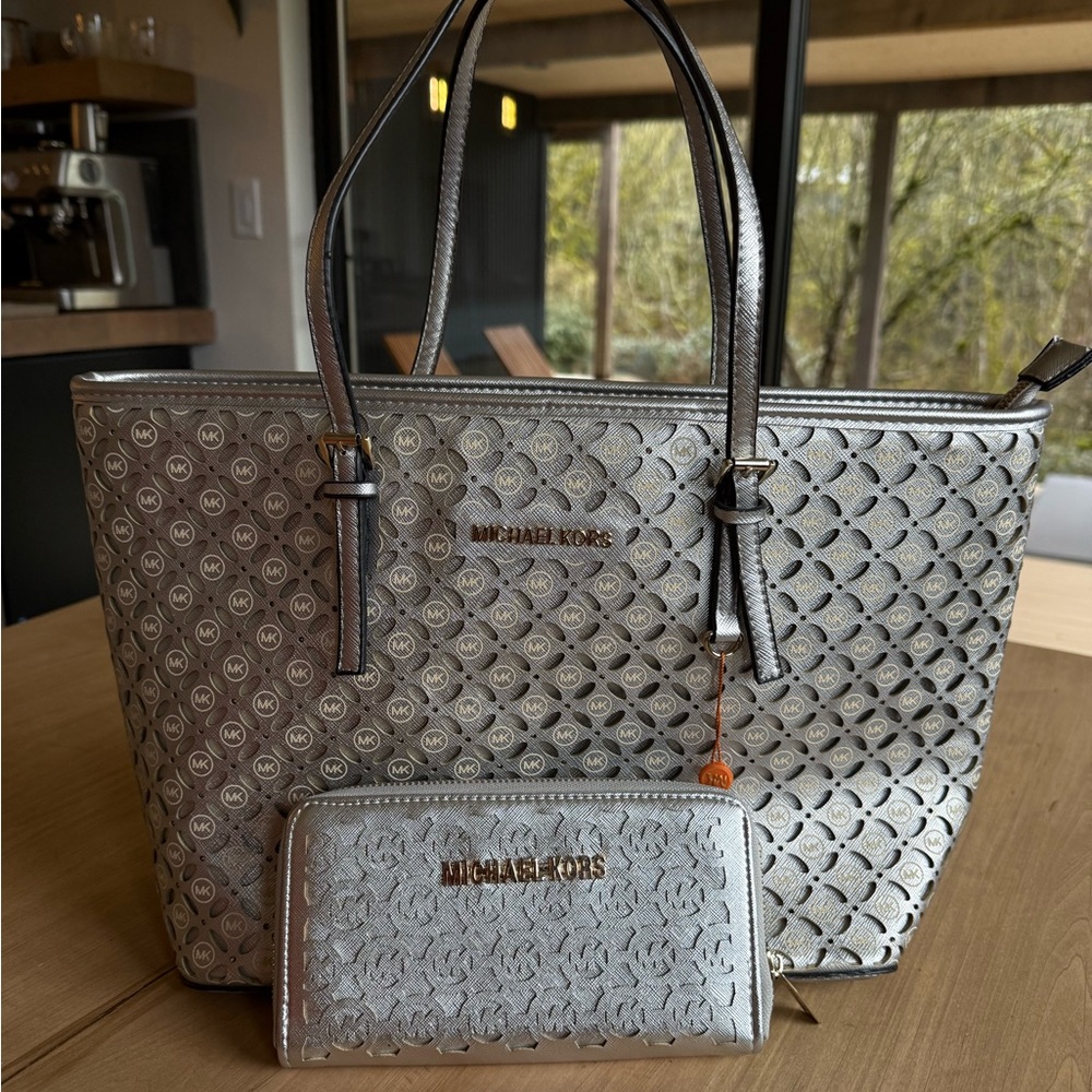 Michael Kors Metallic Silver Tote and Wallet
